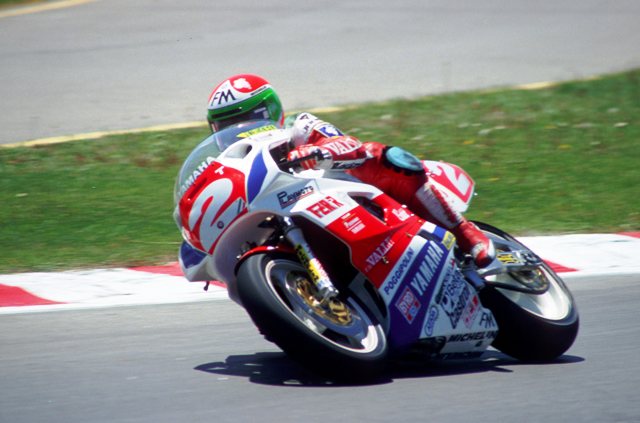 Fabrizio Pirovano corners his factory-backed Yamaha during the Mosport World Superbike race in 1989. Pirovano was one of the original stars of the World Superbike Championship. He compiled 47 podiums and 10 wins in the series. (Larry Lawrence photo)