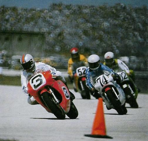 Romero '78 Gene Romero (3) races his Don Vesco Yamaha in the 1978 Daytona 200 ahead of Ted Henter (74), Gregg Hansford and Bruce Hammer (52). (AMA Media Kit photo)
