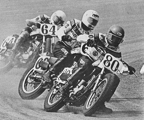 Sassaman Greg Sassaman (80c) leads Harley-Davidson teammates Corkey Keener and Gary Scott at the Terre Haute (Ind.) Half-Mile. (AMA press kit photo)