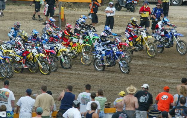 Greg Schnell (33) nails the holeshot during one the 125 motos at the Southwick (Mass.) National in 2002. Schnell went on to finish 11th overall that day. It marked his best outdoor result that season. (Larry Lawrence photo)
