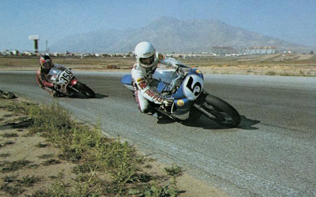 Scott, Gary - 77 Gary Scott (5) and Sadao Asami (359) take a corner at the old Riverside International Raceway in October of 1977. (AMA Press Kit photo)