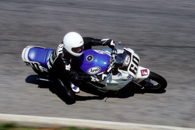 Jim Still turning in his Suzuki Katana 600 under the bridge at Road Atlanta his at Road Atlanta in 1989. (Larry Lawrence photo)