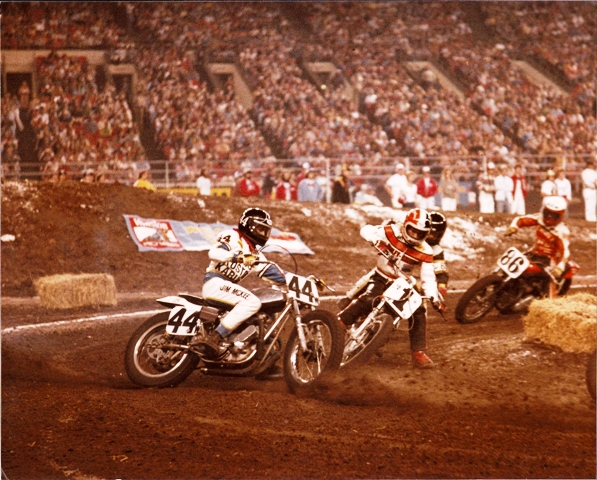 Sullivan - Astrodome 1979 - sm Mike Sullivan (44W) leads defending national champ Jay Springsteen (1) and other riders in practice for the 1979 Houston TT in the Astrodome.