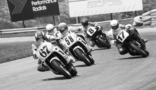 Tysor - Rd Atl Supersport 1988 Greg Tysor leads a group of riders in a good AMA 600cc Supersport battle at Road Atlanta in 1988. With Tysor are Jamie James (58), Doug Tosten (8) and two other unidentified riders. (Larry Lawrence photo)