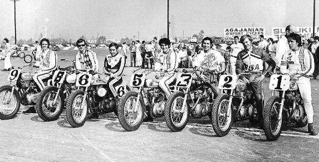 1971 Grand National Riders Most of the single-digit riders for the 1971 season line up before a Grand National race. Riders shown include Tom Rockwood (9), Chuck Palmgren (8), Mert Lawwill (6), Don Castro (5), David Aldana (3), Jim Rice (2) and Gene Romereo (1). (Neil Keen Collection)