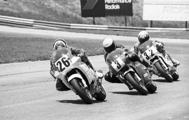 Adamo - Long - Quarterley - Rd Atl 88 Jimmy Adamo (26) leading John Long (3) and Dale Quarterley (32) at Road Atlanta in one of their close AMA Pro Twins battles in the 1988 series. Long went on to win the race over Quarterley and Adamo. (Larry Lawrence photo)
