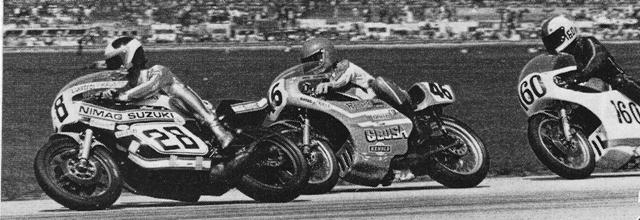 Ankone - 1975 Daytona 200 Dutch racer Marcel Ankone (28) leads Brit Phil Gurner (46) and Eugene Brown (160) of Portland, Oregon, in the 1975 Daytona 200. (Photo courtesy Daytona International Speedway)