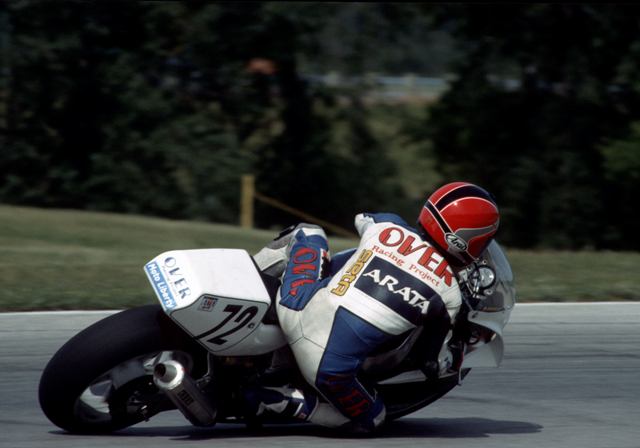 Arata - Rd Am 1990 Tatsuro Arata leans his No. 72 Moto Liberty Yamaha Superbike into a turn at Road America in 1990. (Larry Lawrence photo)
