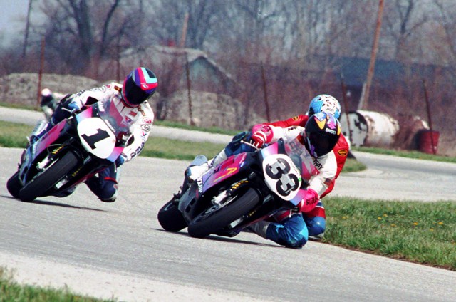 Tray Batey (33), Fritz Kling (behind Batey) and Kurt Hall (1) battle it out in a tight WERA B Superstock race at Indianapolis Raceway Park on April 12, 1992. Kling came out on top winning the race on his Class Racing School Kawasaki. (Larry Lawrence photo)