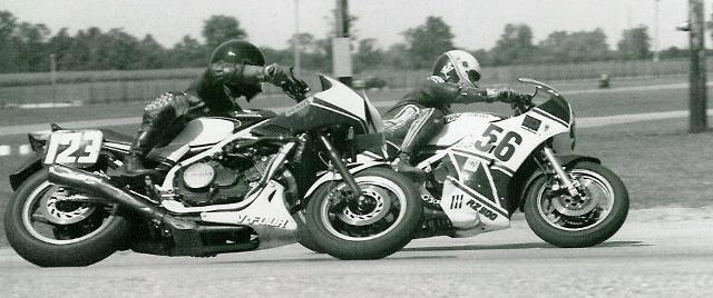 Brian Berney (56), on his Yamaha RZ500, leads Steve Campisano (123) on a Honda VF750 through the hairpin turn at Indianapolis Raceway Park around 1984. (Larry Lawrence photo)