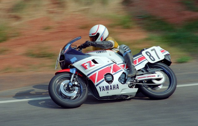 Brown, Jeffrey - Rd Atl - 5-86 Jeffrey Brown does his best Randy Mamola imitation during a WERA race at Road Atlanta in 1986. (Larry Lawrence photo)