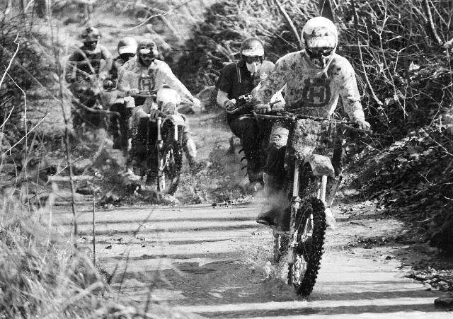 Tom Buckles leads a group of riders up a rocky creek bed in an AMA National Hare Scrambles race near Columbus, Indiana, in the mid-1980s. (Larry Lawrence photo)