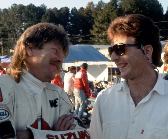 Cooley - Sadowski - sm Wes Cooley and David Sadowski share a laugh between races at Road Atlanta sometime in the late 1980s. (Larry Lawrence photo)