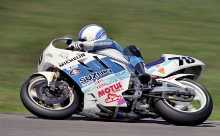 Duhamel, Miguel - 1990 Daytona-sm Miguel Duhamel racing the Yoshimura Suzuki Superbike in practice at Daytona in 1990. A crash before Sunday’s 200 meant Duhamel would have to wait one more year to make his debut in the race. It was worth the wait. He came in as a last-minute replacement for an injured Randy Renfrow and won the race in his first attempt in 1991. (Larry Lawrence photo)