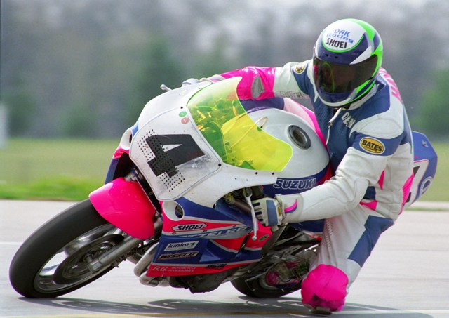 Hayes, Dean - IRP 1992 - sm Dean Hayes on the DAK Racing Suzuki at Indianapolis Raceway Park in April of 1992. (Larry Lawrence photo)