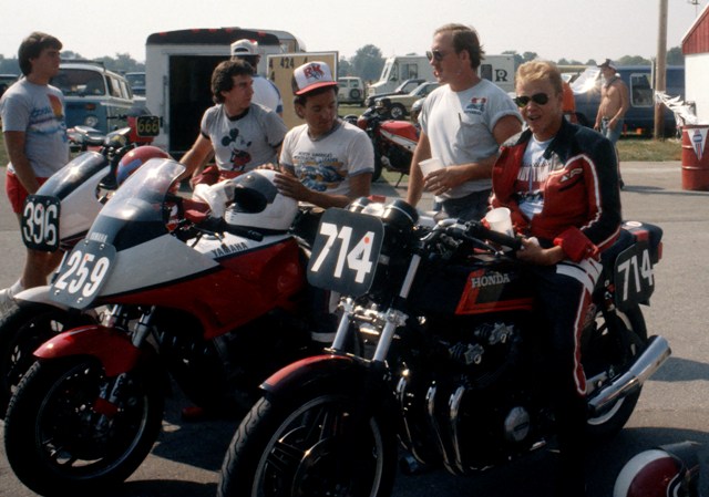 Indianapolis-based road racers Gary Jeffries (396), Tim Powers (259) and Mike “Stu” Stuhler (714), prepare for a race at a WERA event at Indianapolis Raceway Park sometime in the mid-1980s. (Larry Lawrence photo)