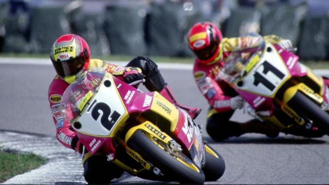 James, Jamie - 1991 Daytona sm Jamie James leads his Vance & Hines Yamaha teammate Thomas Stevens in the 1991 Daytona 200. James finished second to Miguel Duhamel. Stevens took third. (Larry Lawrence photo)
