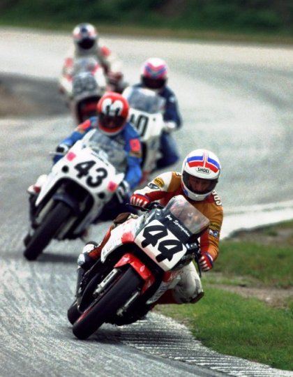 Kevin Rentzell (43), Kurt Hall and Mike Harth chase the legendary Jay Springsteen (44) during the 1989 Daytona 200. 