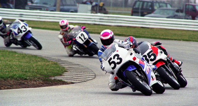 Allen, Lanny - IRP 4-94 sm Lanny Allen (53) leads Reuben Frankenfield (35) and Frank Wilson (12) in a WERA C Superbike race at Indianapolis Raceway Park in April of 1994. (Larry Lawrence photo)