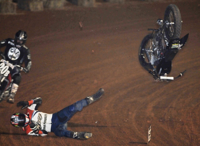 Baer crash - sm Shawn Baer crashed his motorcycle at the Bedford (Pa.) Half-Mile in 2008. Baer’s machine flipped in the air, but Shawn got up wasn’t seriously hurt. (Larry Lawrence photo)