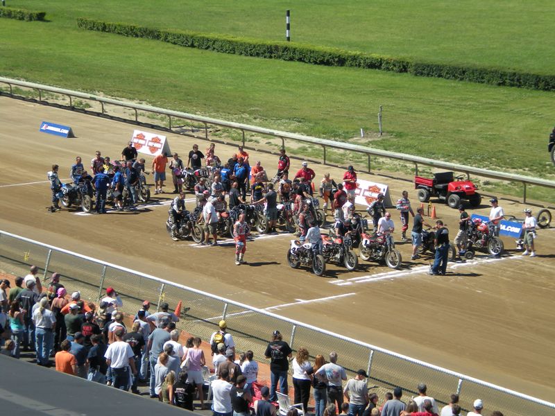 Beulah Park 2008 Riders lineup for the start of the AMA Grand National race on the Beulah Park Mile in Groveport, Ohio, in 2008. Bryan Smith won the race. (Larry Lawrence photo)