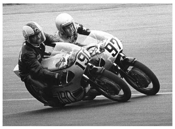 With smiles on their faces Frank Camillieri (190) and Ron Pierce (97) battle to the line in an AMA 250 Grand Prix (then called Lightweight) heat race at Loudon in 1969. Local ace Camillieri nipped Californian Pierce for the heat win. (Frank Camillieri collection)
