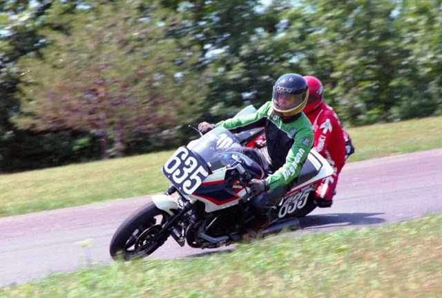 Delie, Bob - Grattan 7-27-86 Bob Delie racing his Honda 500 Interceptor in a WERA C Superbike race at Grattan Raceway in July of 1986. Coming through the turn behind Bob is Robert Reed on a Kawasaki 600 Ninja. (Larry Lawrence photo)
