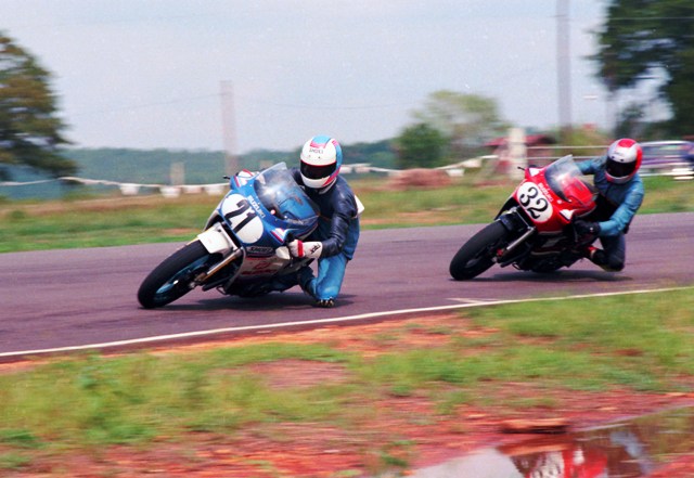 Ewerth & Rowe “Rocket” Ron Ewerth leads Donnie Rowe in a WERA B Production race at Talladega Grand Prix Raceway in August of 1986. (Larry Lawrence photo)