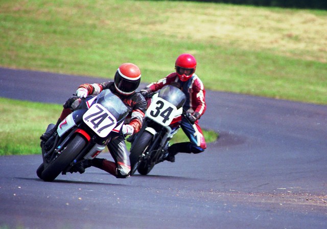 Fenwick - Key - Grattan 7-86 Andy Fenwick (747) and Ed Key (34) race in a WERA race at Grattan Raceway Park in July of 1986. (Larry Lawrence photo)