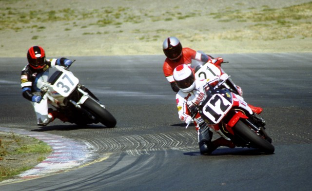 Filice - Sears 1986 Jimmy Filice (17) leads Keith Pinkstaff (21) and John Ashmead (37) at the 1986 Sears Point Raceway (Now Infineon Raceway) AMA Superbike Championship race in Sonoma, California. (Larry Lawrence photo)