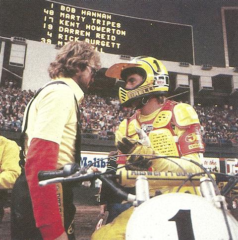 Hannah Keith McCarty and Bob Hannah talk at a late 1970s AMA Supercross event. (AMA press kit photo)