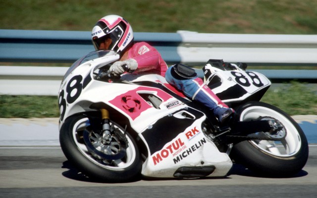 Harth - WERA F-USA 1991 Mike Harth rides the No. 88 Team Mad Dog Yamaha with a video camera mounted on the tail section in practice for the WERA Formula USA event at Road Atlanta in March of 1991. (Larry Lawrence photo)