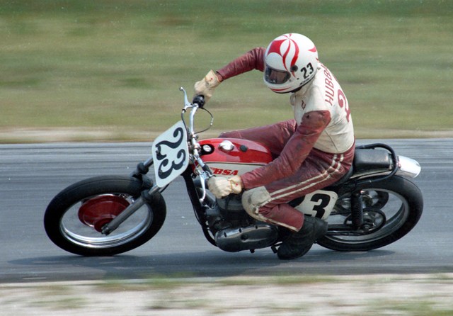 Ted Hubbard racing his BSA B50 at Roebling Road in July of 1986 in a WERA Vintage class. (Larry Lawrence photo)