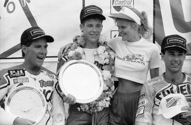 John Kocinski (center) celebrates his victory in the AMA 250 Grand Prix race at Road Atlanta in 1988 with second place Thomas Stevens and third-place finisher Rich Oliver. (Larry Lawrence photo)