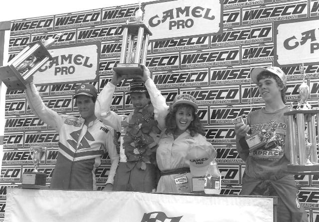 Mid-Ohio 600SSpt podium - 1987 Doug Polen (center) celebrates his victory in the AMA 600 Supersport race at Mid-Ohio in 1987. Joining Polen is second-place Thomas Stevens (left) and a young Donald Jacks (right). (Larry Lawrence photo)