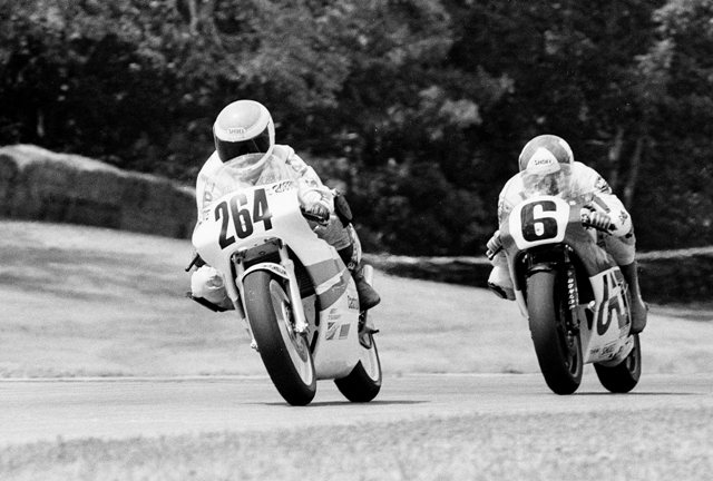 Petersen - Leisner - Road America 1988 Robbie Petersen (264) and Andy Leisner (6) dice for position at the Road America AMA 250 Grand Prix race in June of 1988 in Elkhart Lake, Wisconsin. (Larry Lawrence photo)
