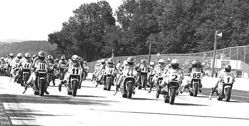 Riders twist the throttle at the start of an AMA/CCS National Endurance race sometime in the late 1980s at Road America in Elkhart Lake, Wisconsin. (Larry Lawrence photo)
