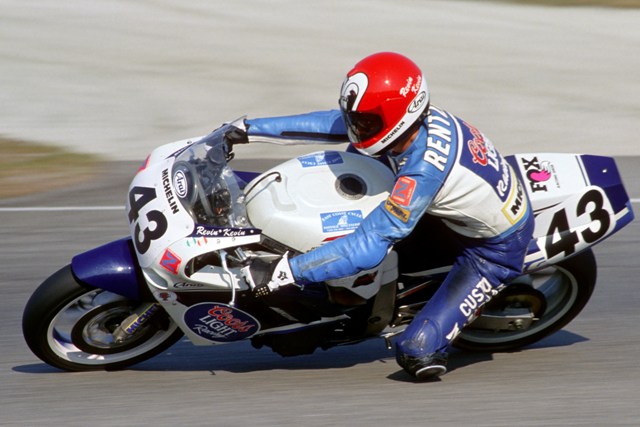 Rentzell - Daytona 1989 Kevin Rentzell racing his privateer Suzuki to third behind John Ashmead and Jamie James in the 1989 Daytona 200. (Larry Lawrence photo)