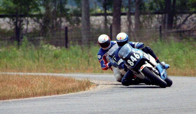 Russell - Bray - Talladega - June 1986 Scott Russell and Paul Bray race in a WERA Novice event at Talladega Grand Prix Raceway in June of 1986. (Larry Lawrence photo)