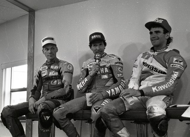 Russell - Lawson - Duhamel - Daytona 93 Scott Russell, Eddie Lawson and Miguel Duhamel in the post-race press conference for the 1993 Daytona 200. Larry Lawrence photo)