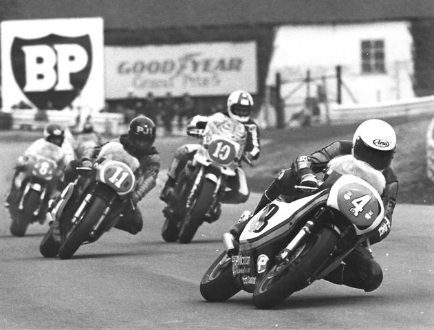 Schlachter, Rich - 1980 Match Races Rich Schlachter (4) leads fellow American riders Skip Askland (11), David Aldana (10) and Wes Cooley (8) at Mallory Park during the 1980 Trans-Atlantic Match Races. (The Jim Greening Collection)