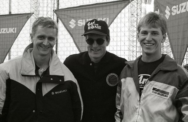 Schwantz - Harrelson - Smith Kevin Schwantz (left), actor Woody Harrelson (center) and Mike Smith (right) pose for a photo at the 1991 WERA Grand National Finals. (Larry Lawrence photo)