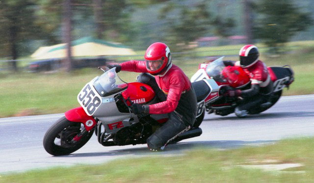 Smallwood and Ledbetter Continuing scanning from 1986 races - This is Allan Smallwood (558) and Tim Ledbetter racing through a turn at Roebling Road during a WERA B Production race in September of 1986. (Larry Lawrence photo)