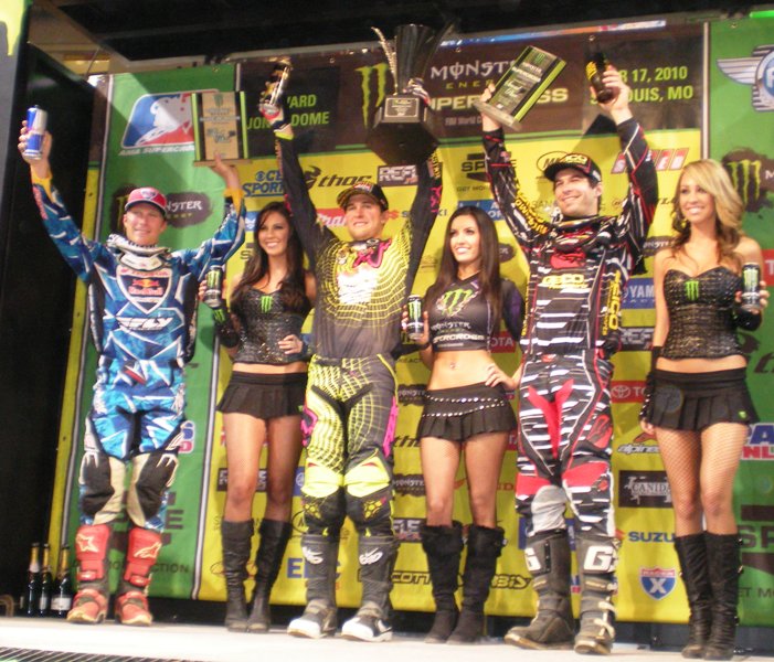 St. Louis SX podium Andrew Short (3rd), winner Ryan Dungey and Kevin Windham (2nd) celebrate on the podium at the St. Louis Supercross. (Larry Lawrence photo)