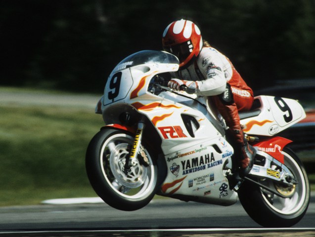Jari Suhonen wheelies his factory-backed Yamaha in the U.S. round of the World Superbike Championship in June of 1990. (Larry Lawrence photo)