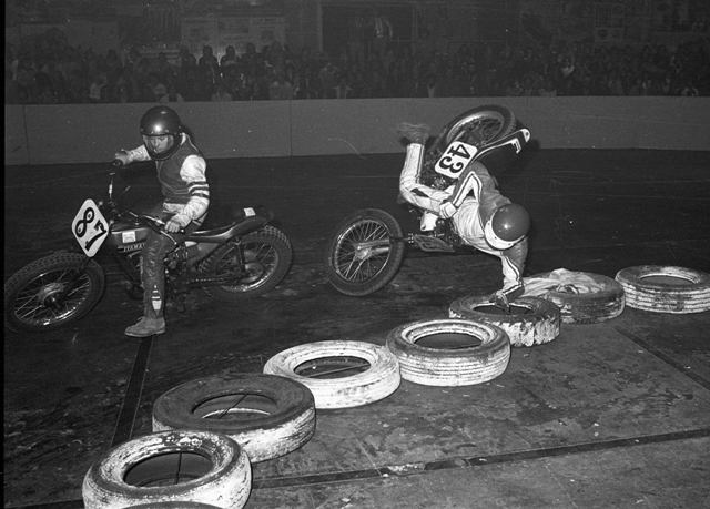 Taylor, Nick Nick Taylor nearly flips upside down after getting tangled with another rider at an indoor flat track event. (Len Breech photo)