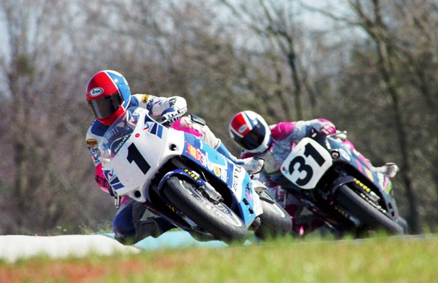 Britt Turkington leads Tripp Nobles in a WERA A Superstock race during the WERA Pro Series weekend at Road Atlanta in March of 1991. (Larry Lawrence photo)