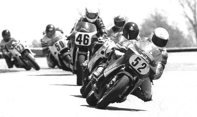 Ray Yoder (52) leads Scott Zampach (in black AGV helmet), Dave Schmidt (46) and others in the WERA A Superstock race at Grattan Raceway sometime in the late 1980s. (Larry Lawrence photo)