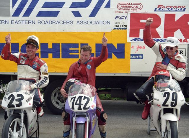 125 podium Putman July 1994-sm Kevin Murray (center) celebrates his victory in the RK Chain Formula III at Putnam Park in July of 1994. 2. John Ulrich (right) took second and Chris Rogers (left) was third on a borrowed bike. (Larry Lawrence photo)