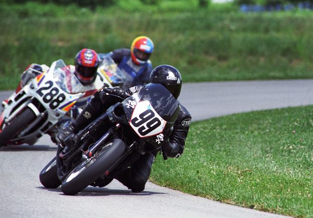 AOD - Putnam 1994 Army of Darkness leads other competitors in a WERA National Endurance race at Putnam Park in 1994. This was the second year for AOD. The team would go on to win seven consecutive WERA Middleweight Superbike Endurance Championships. (Larry Lawrence photo)